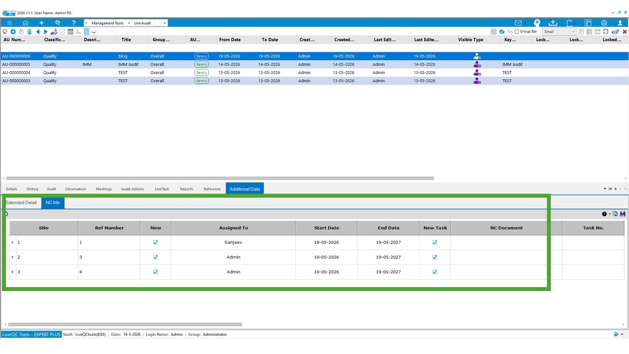 Audit- NC Management in Live!QC Tools Software